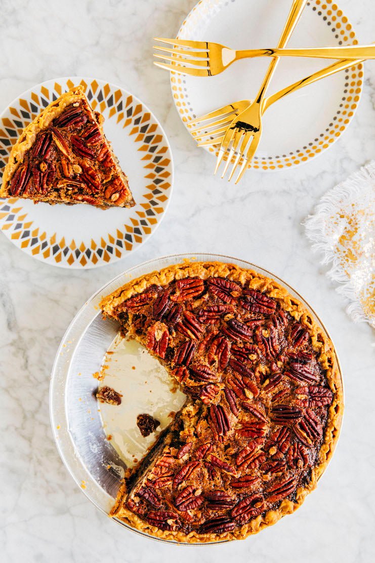 black bottom chocolate pecan pie sliced