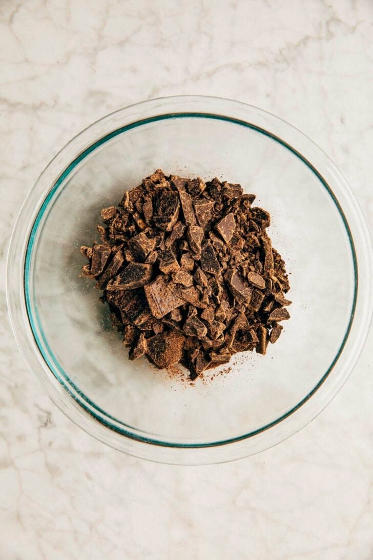 photo of chopped chocolate in a clear bowl