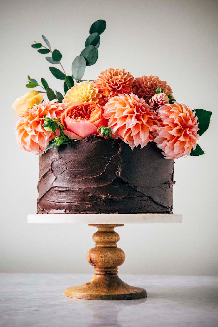 photo of chocolate wedding cake with flowers