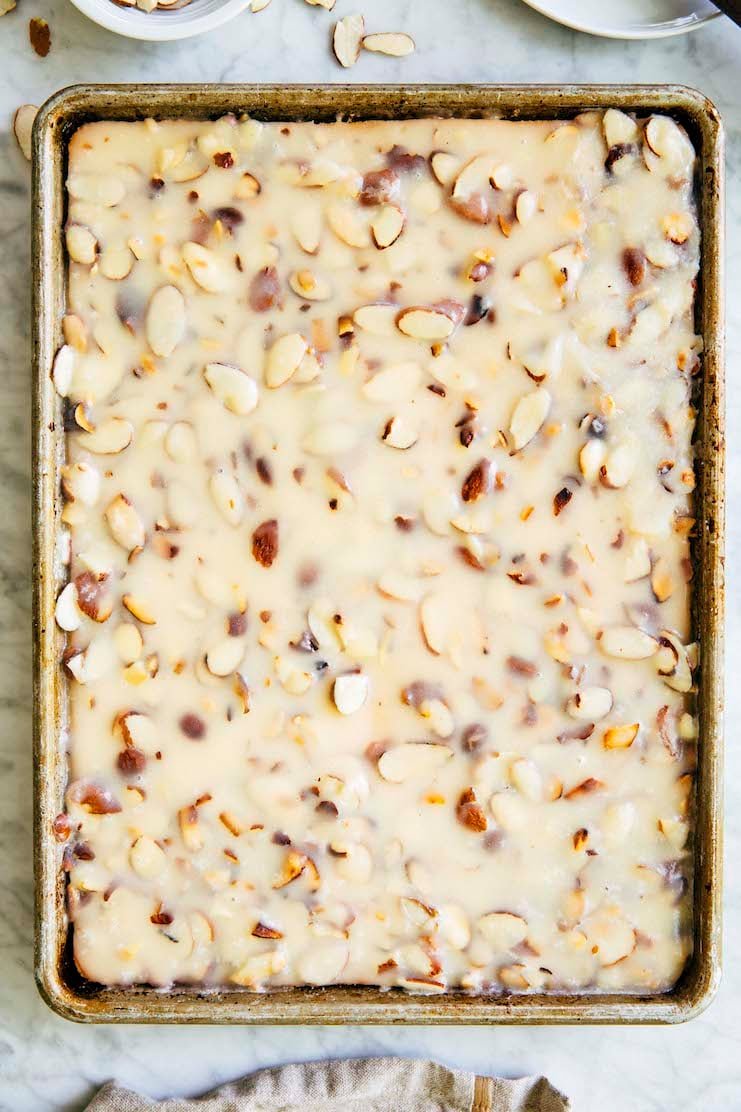 photo of a white texas sheet cake in a 9 x 13 inch pan unsliced