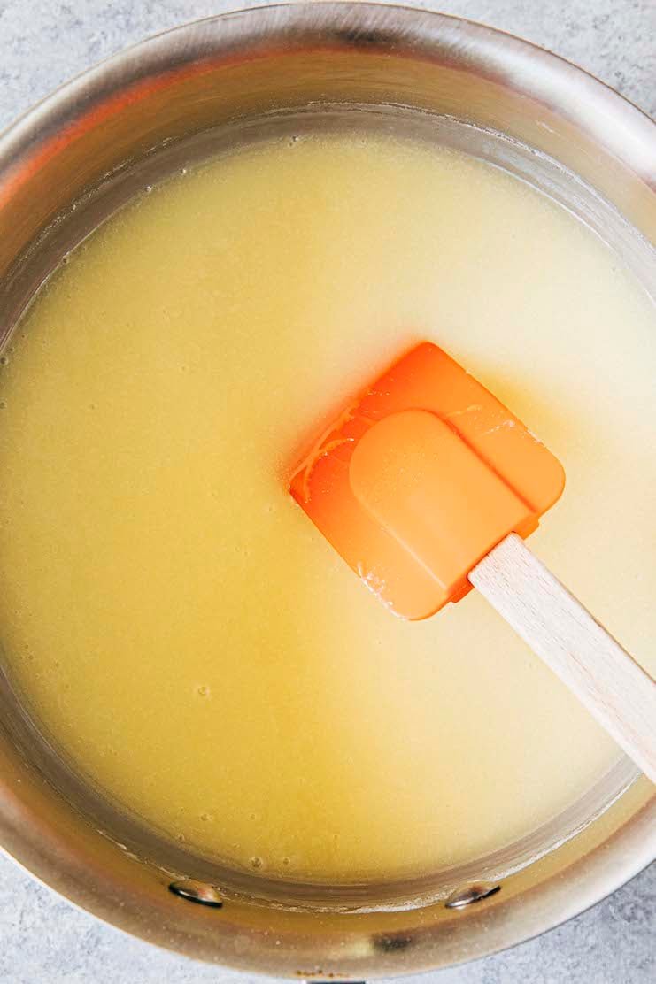 photo showing the frosting in the pan after it's been cooked for 5 minutes with no lumps in the frosting