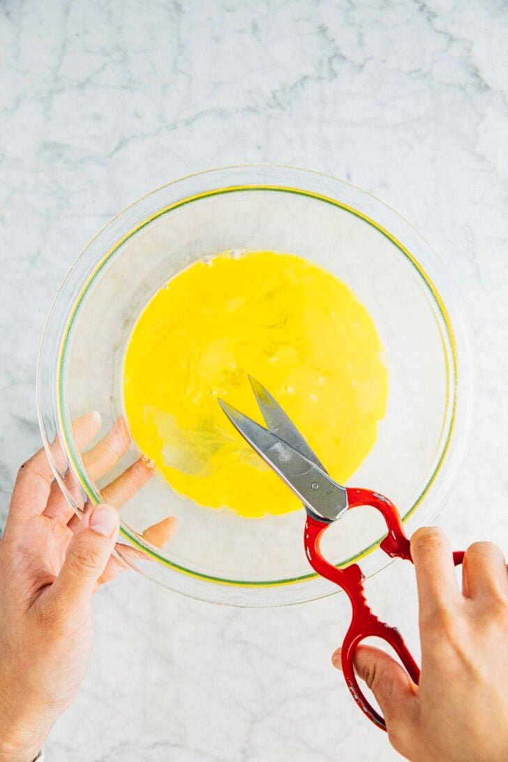 photo of showing what the eggs should look like after cutting and gentle stirring