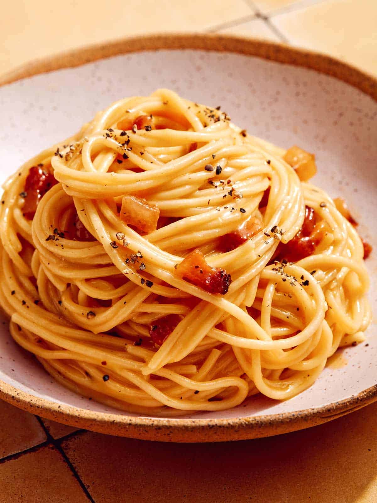 Basic carbonara recipe in a bowl.