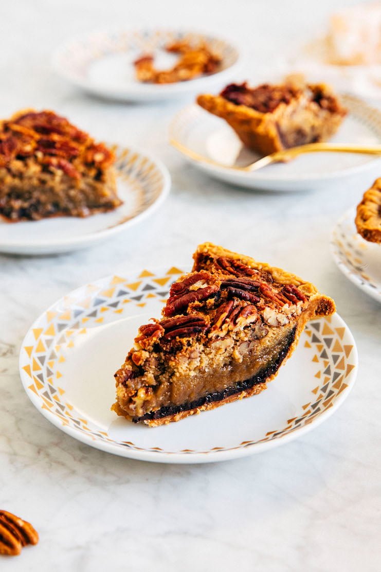 black bottom chocolate pecan pie slices