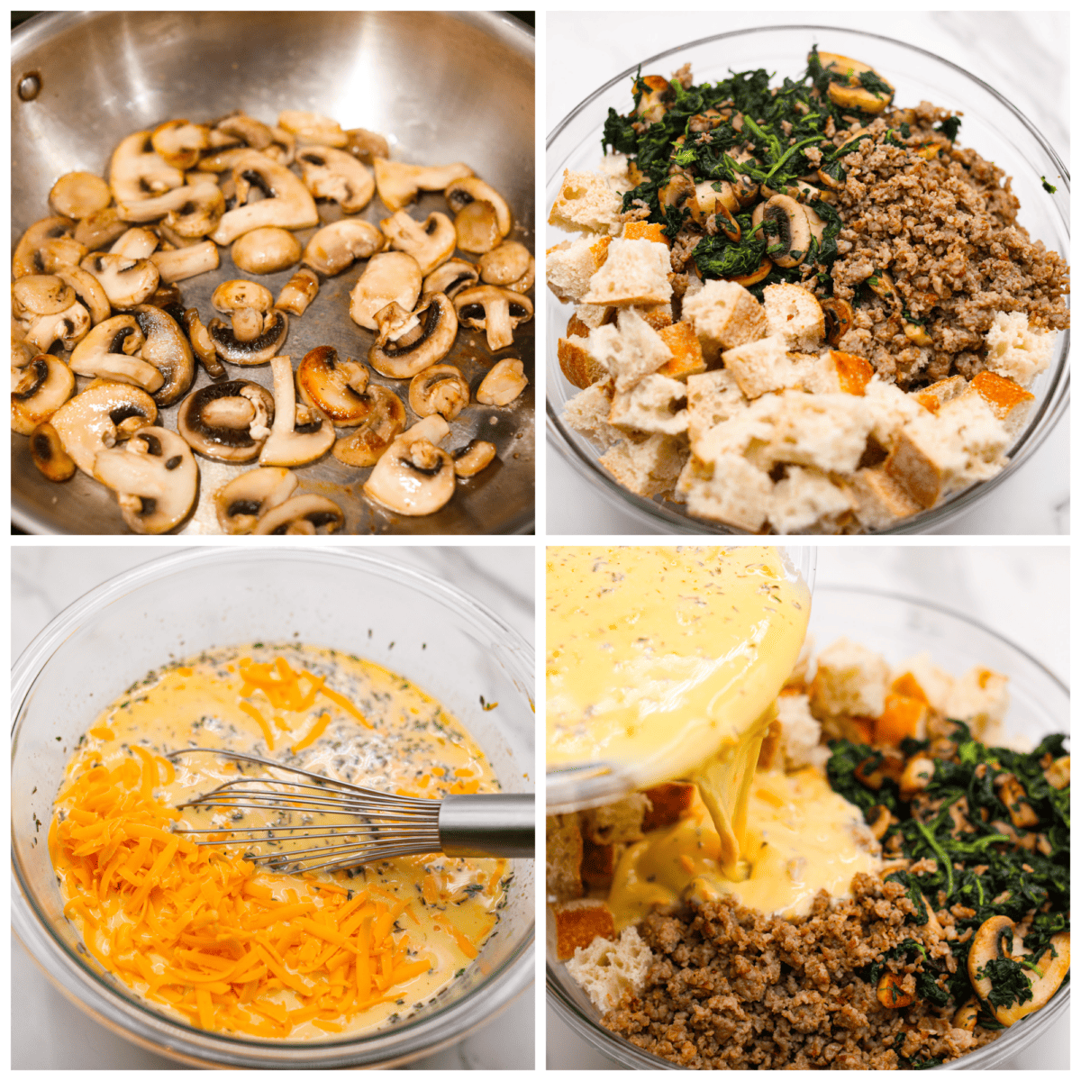 This breakfast strata is bursting with savory sausage, tender mushrooms, soft bread pieces, and melty cheddar. Perfect for your next holiday or family breakfast. It is packed with so much delicious flavor and texture that it will leave you wanting seconds! Gallery of 4 process shots, including mushrooms sautéing, bread spinach mushrooms and sausage in a bowl, egg cheese and seasonings in a bowl, and everything combined in a bowl.
