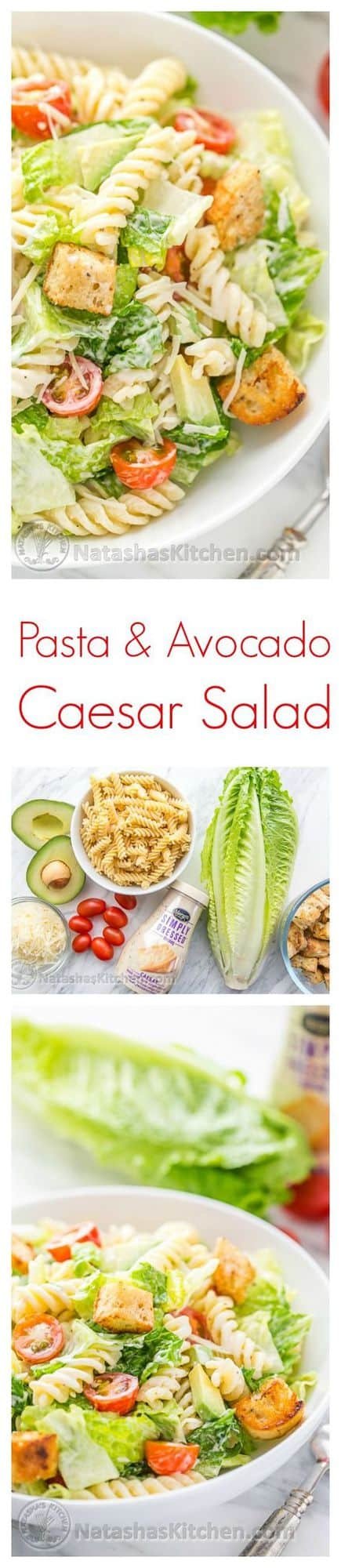 You have to try this Pasta Avocado Caesar Salad. Pasta Caesar Salad is an easy and family friendly weeknight meal! | natashaskitchen.com