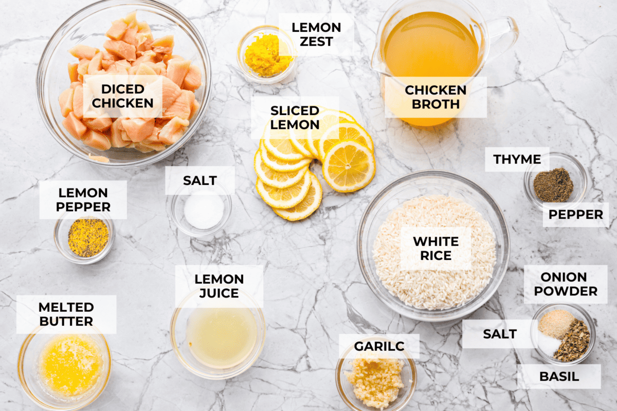 You guys love lemon chicken anything—and honestly, same. So I had to give you this lemon chicken casserole. With my signature made from scratch lemon herb sauce, you'll want this on repeat! Overhead shot of labeled ingredients.