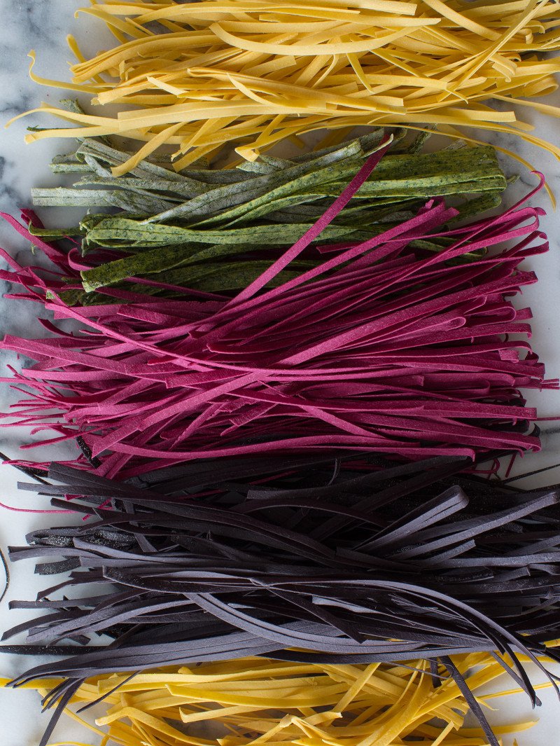 Homemade Pasta recipe A colorful variety of homemade pastas lined up.