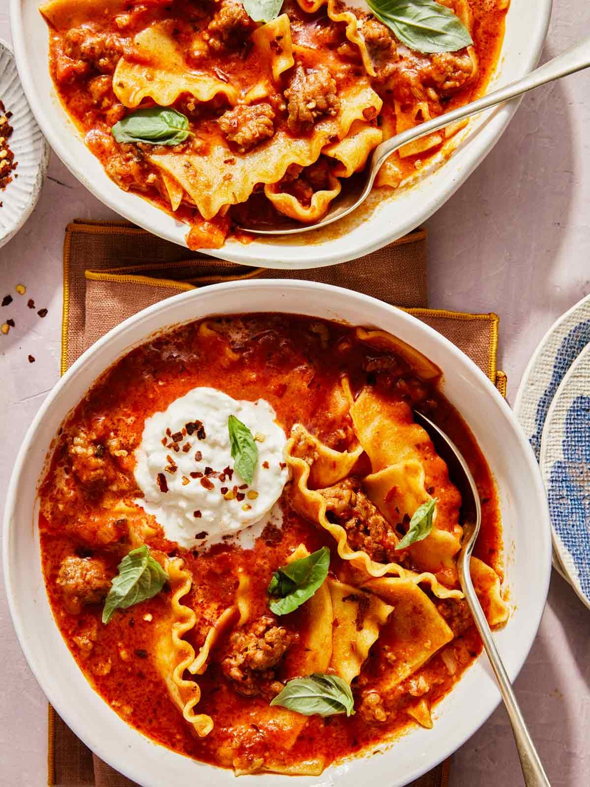 Lasagna soup recipe in a bowl.