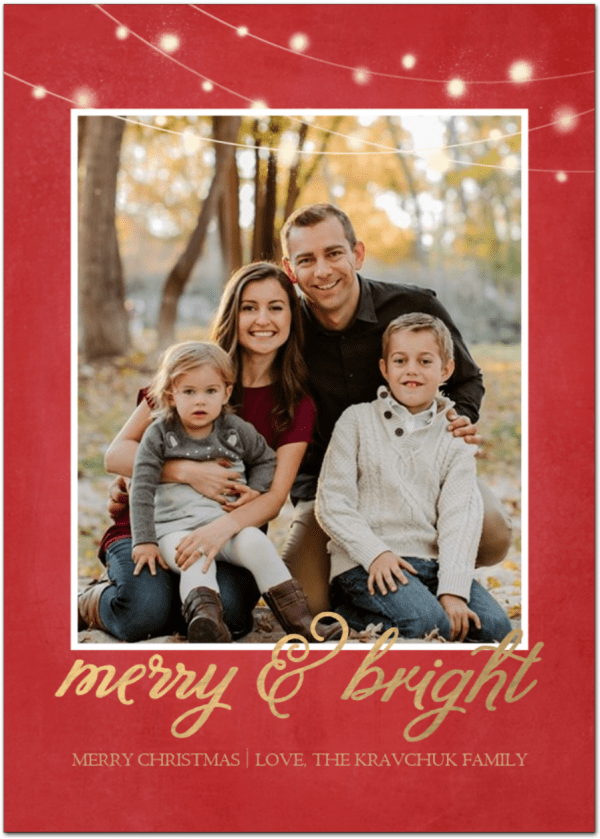A Christmas card of a family that says merry and bright