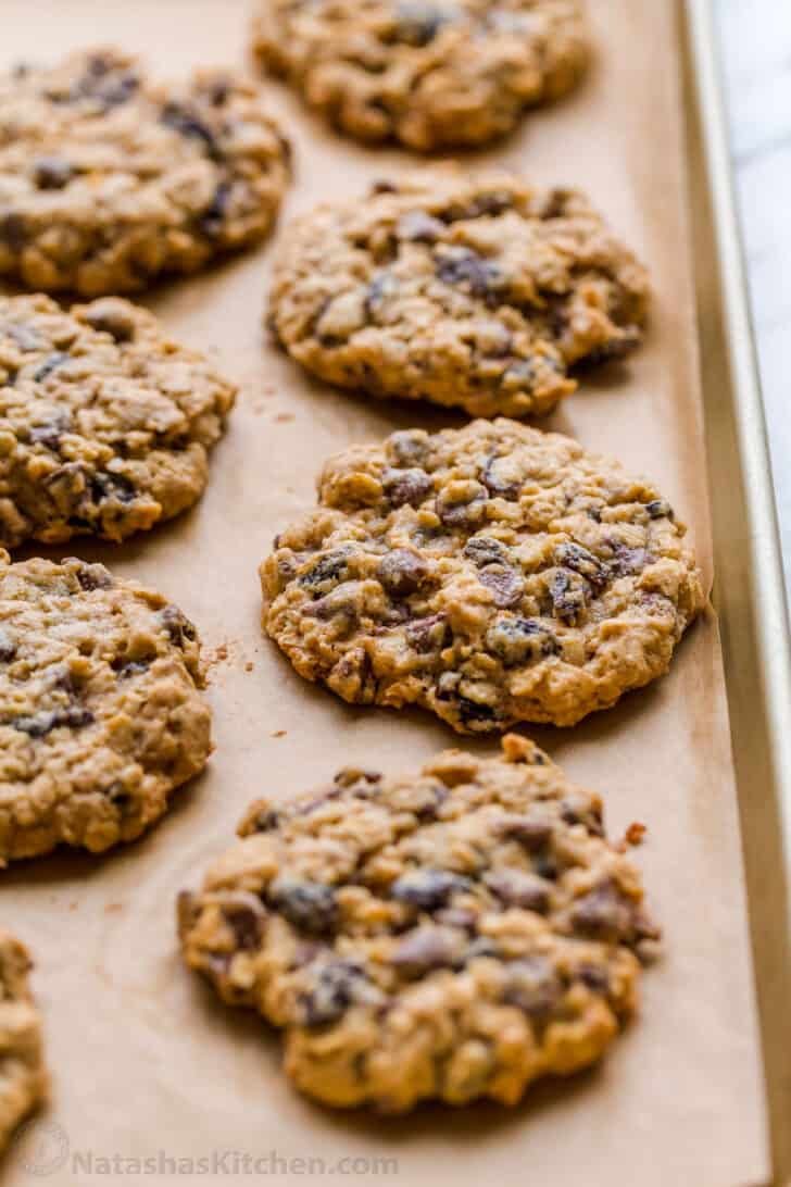 Oatmeal raisin cookies on a baking sheet