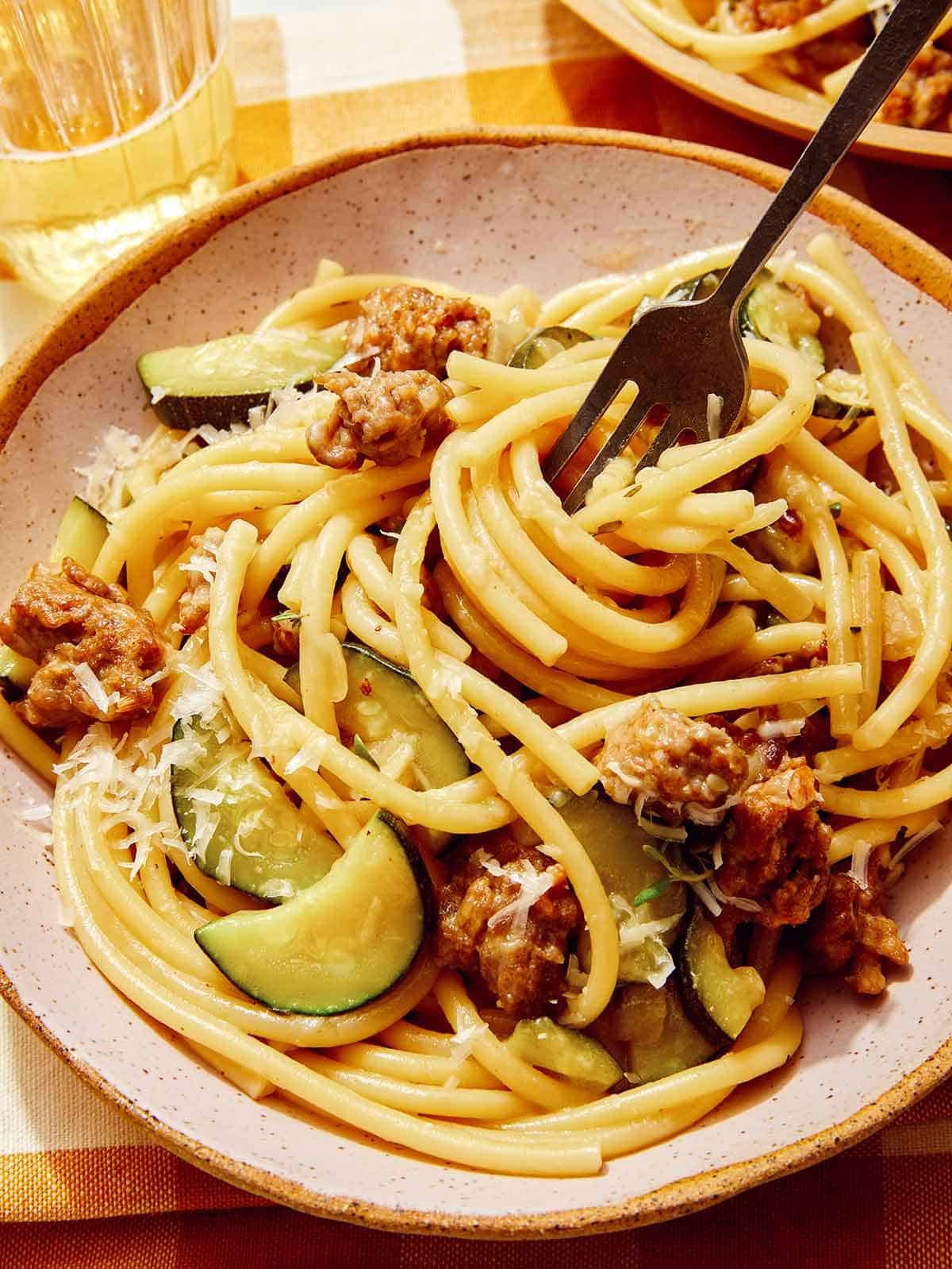 One pot pasta with sausage and zucchini.