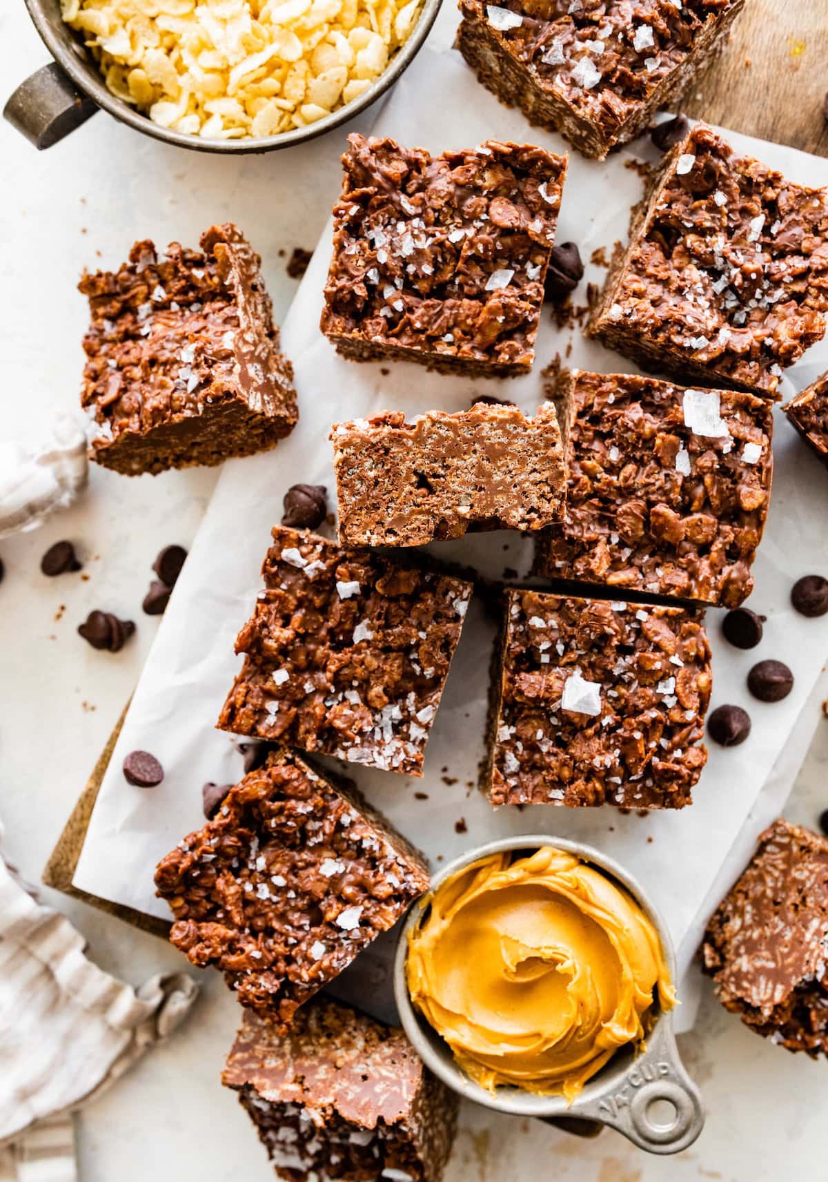 chocolate crunch bars with peanut butter and flaky sea salt.