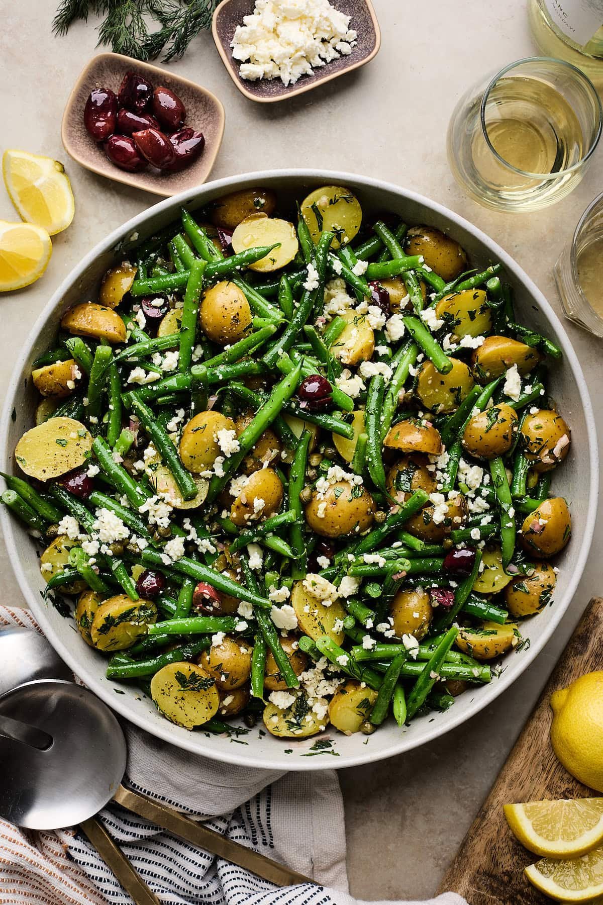 potato and green bean salad in bowl.