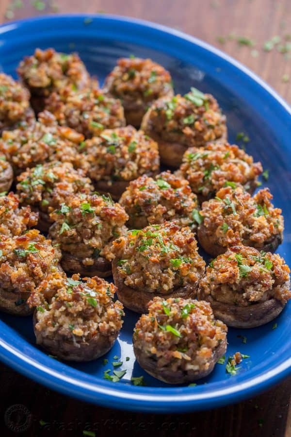 Sausage Stuffed Mushrooms are crunchy on top with a creamy and juicy center. They are loaded with flavor and really stand out as a holiday party appetizer. | natashaskitchen.com