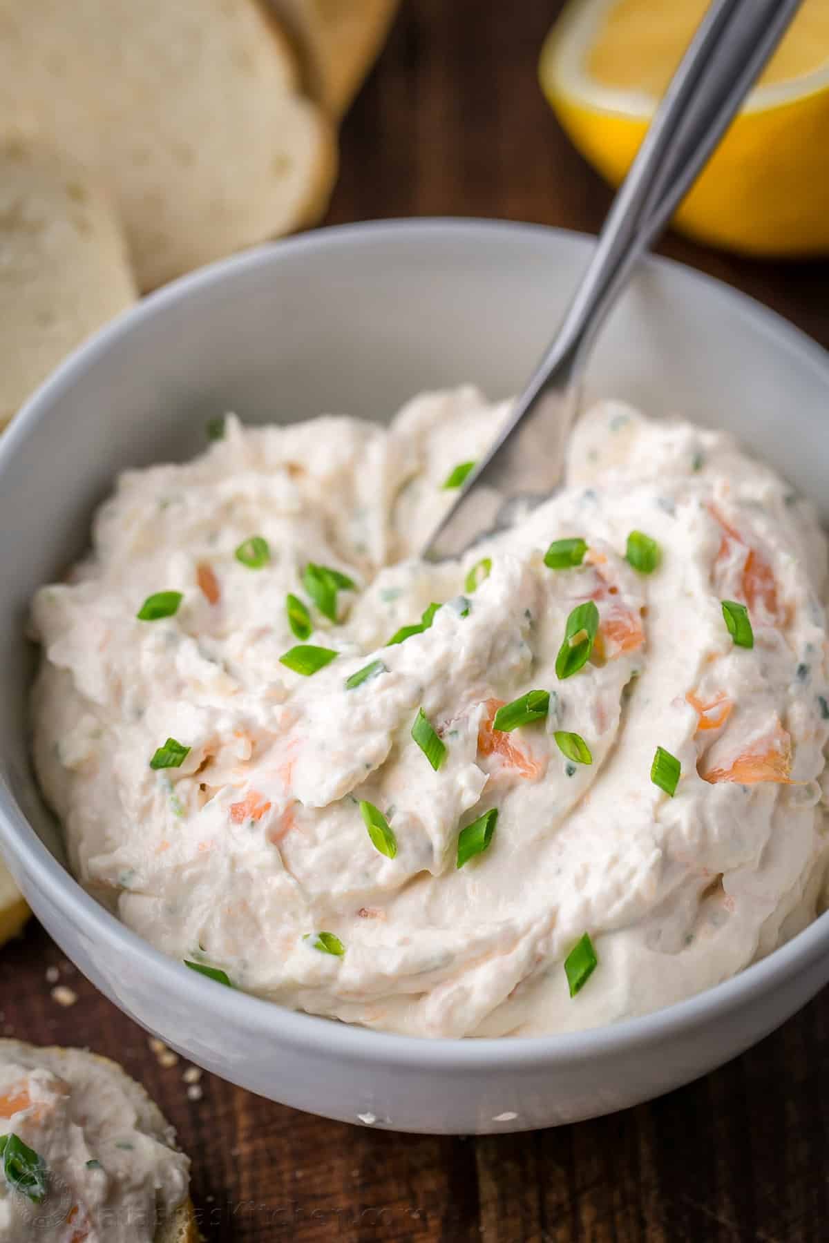 The best Smoked Salmon Dip Recipe with cream cheese, lemon juice, chives, and smoked salmon