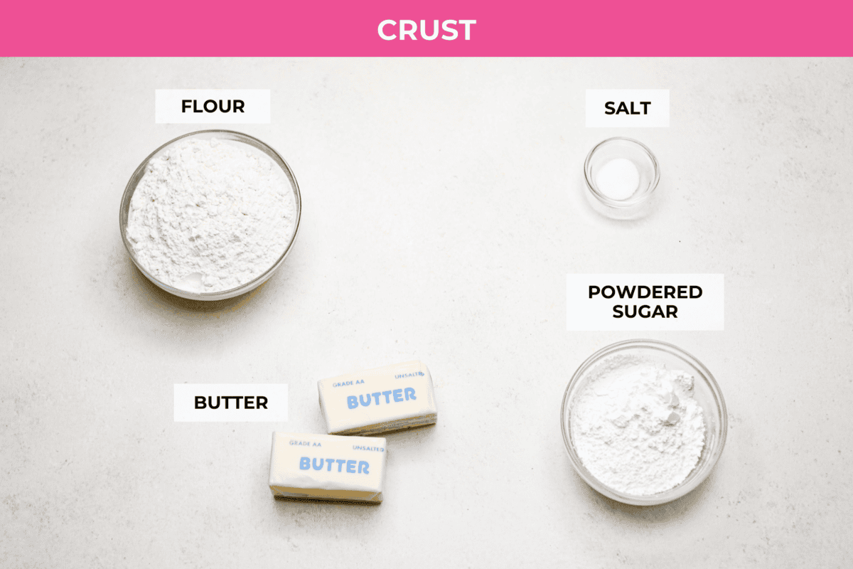 My Strawberry Delight is the ultimate summer showstopper! Buttery crust, juicy strawberries, sweet jello, and fluffy topping—one bite and everyone’s hooked. Overhead shot of labeled crust ingredients.