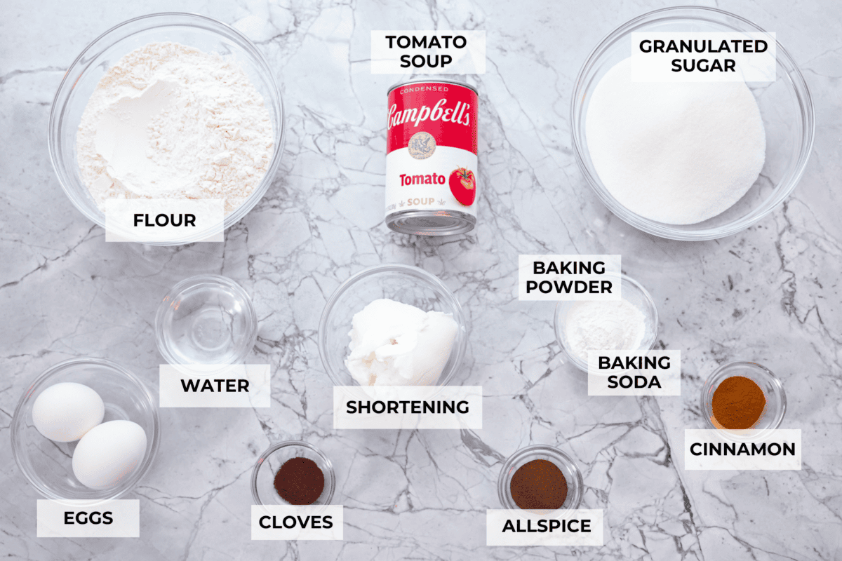 It's time to bring back the retro Tomato Soup Cake! In 1960, it was the first recipe to appear on a soup label. It resembles a moist and delicious spice cake topped with cream cheese frosting. I know you're skeptical, but trust me, it will knock your socks off! Overhead shot of labeled ingredients.