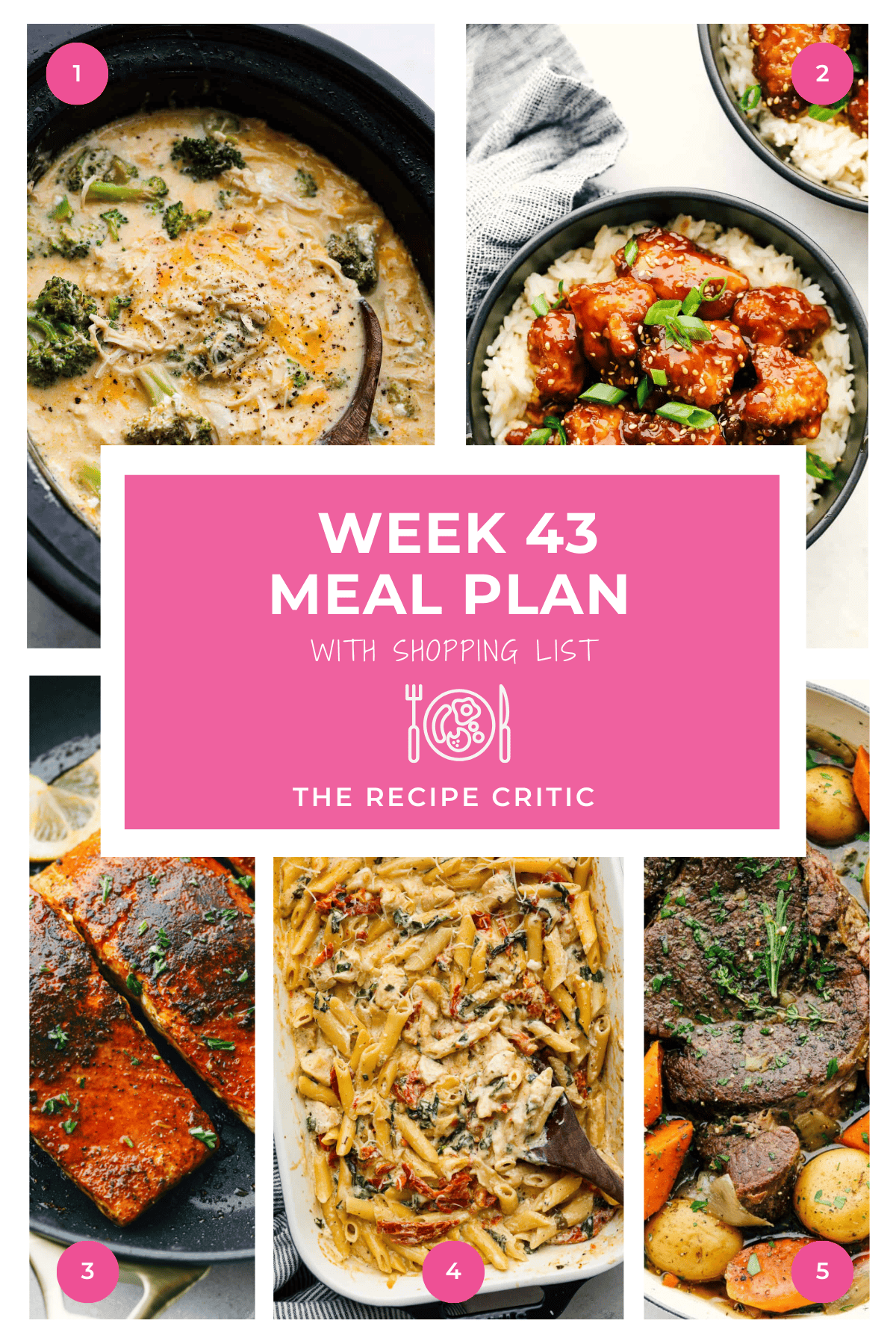 Another week, another what’s for dinner? moment, right? This week's meal plan is all about keeping things simple without skimping on flavor—and yes, leftovers are totally part of the plan! A collage of 5 photos with a graphic that says Week 43 Meal Plan with Shopping List.