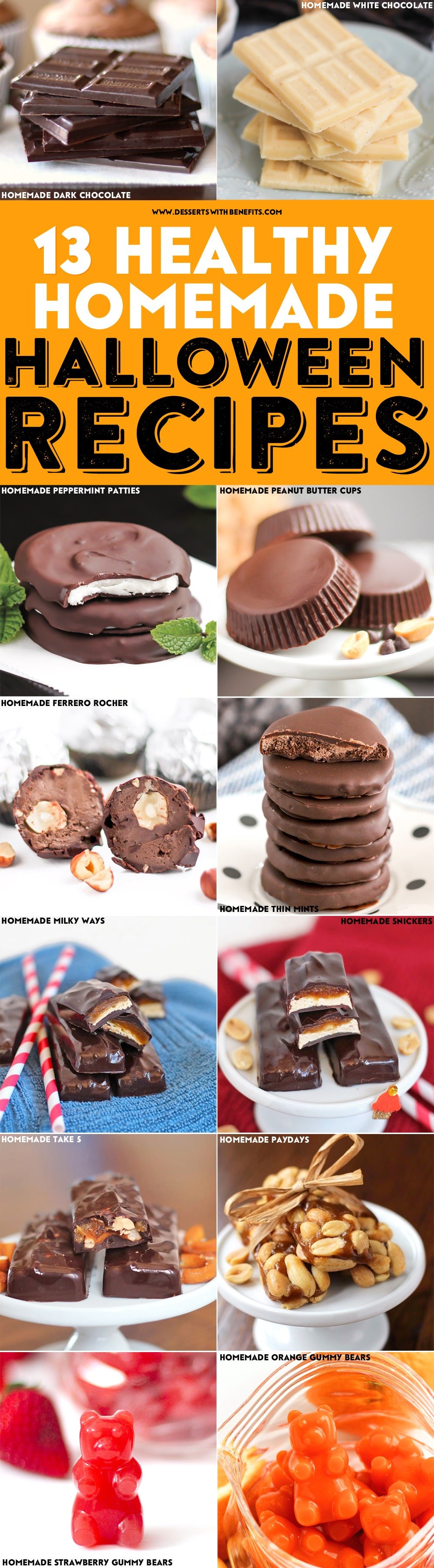 13 Healthy Halloween Recipes (all natural, gluten free and vegan options) -- Now you can enjoy your favorite snacks, treats and delicious, chocolatey goodness without all the excess sugar, calories, and fat! Healthy Dessert Recipes at Desserts with Benefits