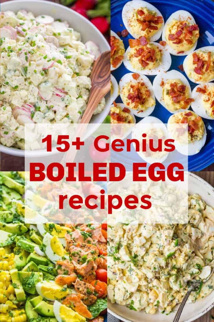 15 Genius ways to use Hard Boiled Eggs! If you have a fridge full of leftover Easter eggs or you just love boiled eggs, this list of hard boiled egg recipes will get you excited. Includes our fail-proof hard boiled eggs recipe. | natashaskitchen.com recipes with boiled eggs collage