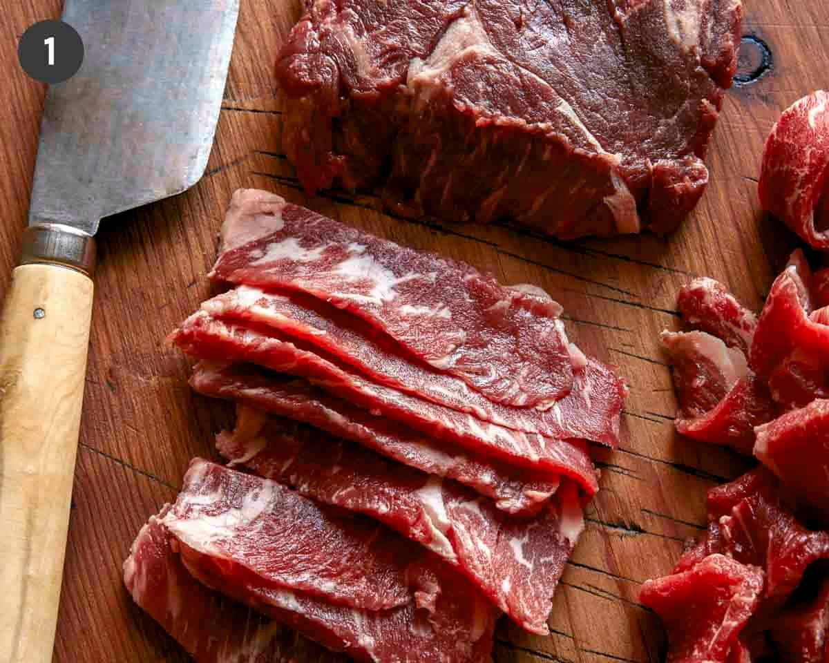 Wagyu beef being sliced for Philly Cheesesteak.