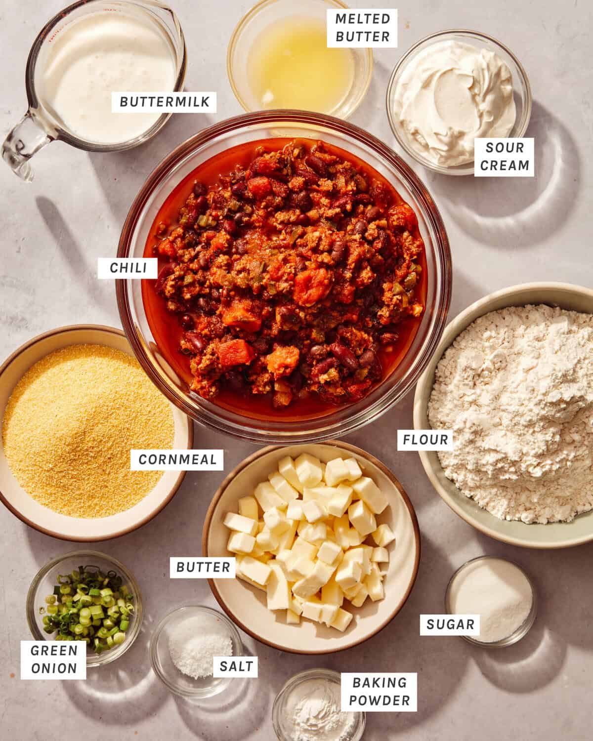 Ingredients to make a chili cornbread casserole recipe.