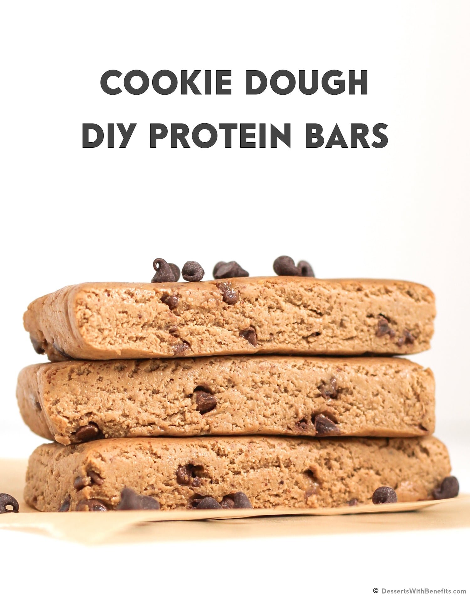 These healthy, no-bake Chocolate Chip Cookie Dough DIY Protein Bars are sweet, buttery, and delicious. Just like cookie dough out of the tub, except these are sugar free, high protein, high fiber, gluten free, dairy free, and vegan. Made with nut butter, chocolate chips, oats, and vegan protein powder. You'll never go back to store-bought bars again! These healthy, no-bake Chocolate Chip Cookie Dough DIY Protein Bars are sweet, buttery, and delicious. Just like cookie dough out of the tub, except these are sugar free, high protein, high fiber, gluten free, dairy free, and vegan. Made with nut butter, chocolate chips, oats, and vegan protein powder. You'll never go back to store-bought bars again!