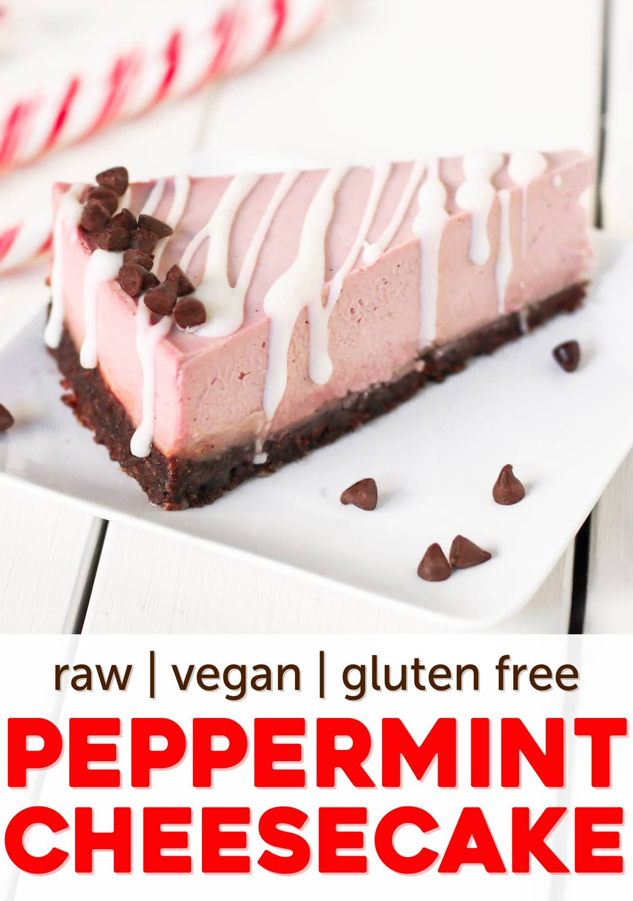 This deliciously rich and creamy no-bake Raw Vegan Peppermint Cheesecake is creamy without the cream cheese, fluffy without the eggs, and secretly sugar free and gluten free too!  No baking required, no water bath needed. Perfect for the holidays, birthdays, parties, or no reason at all!