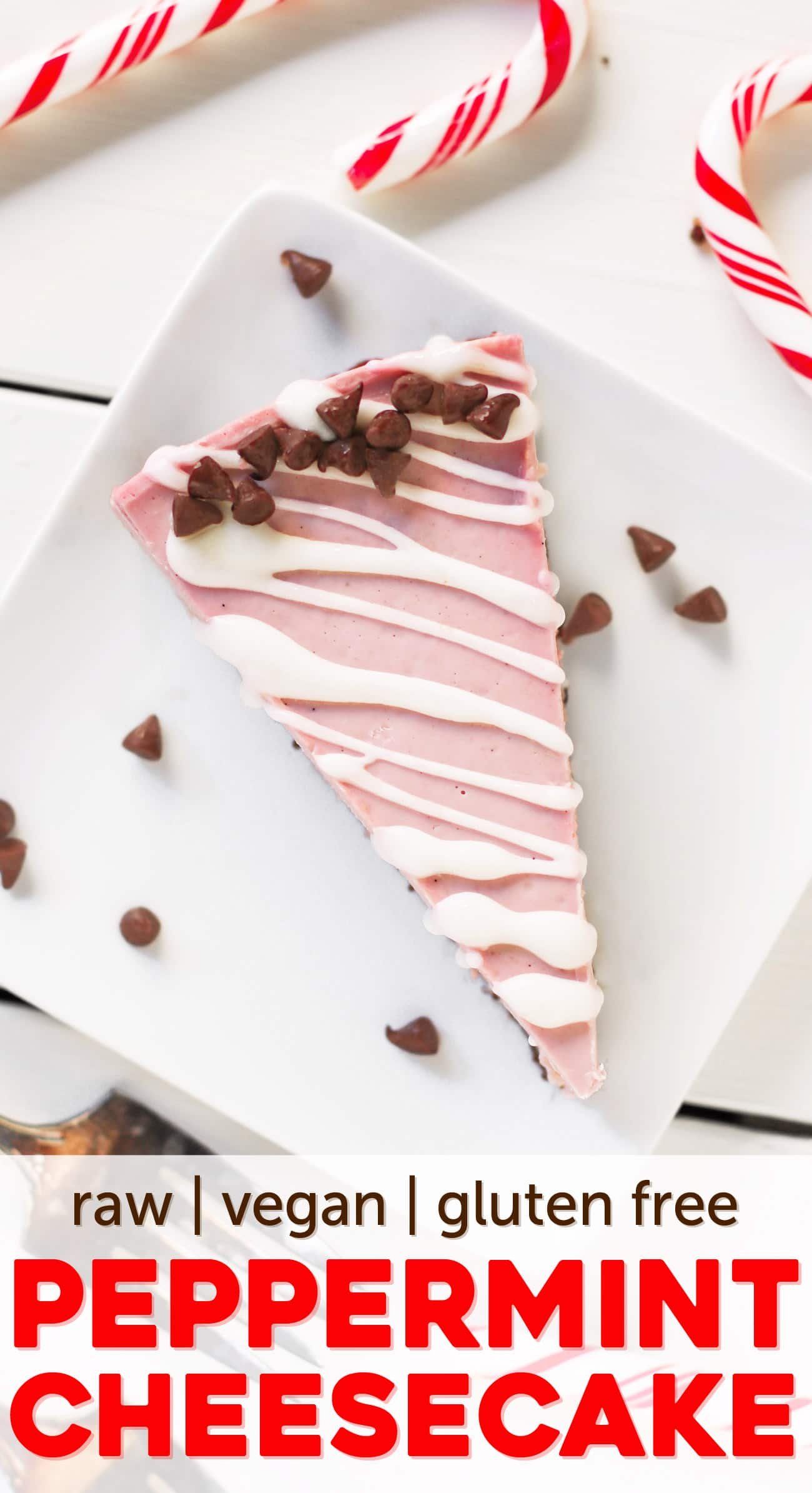 This deliciously rich and creamy no-bake Raw Vegan Peppermint Cheesecake is creamy without the cream cheese, fluffy without the eggs, and secretly sugar free and gluten free too!  No baking required, no water bath needed. Perfect for the holidays, birthdays, parties, or no reason at all!