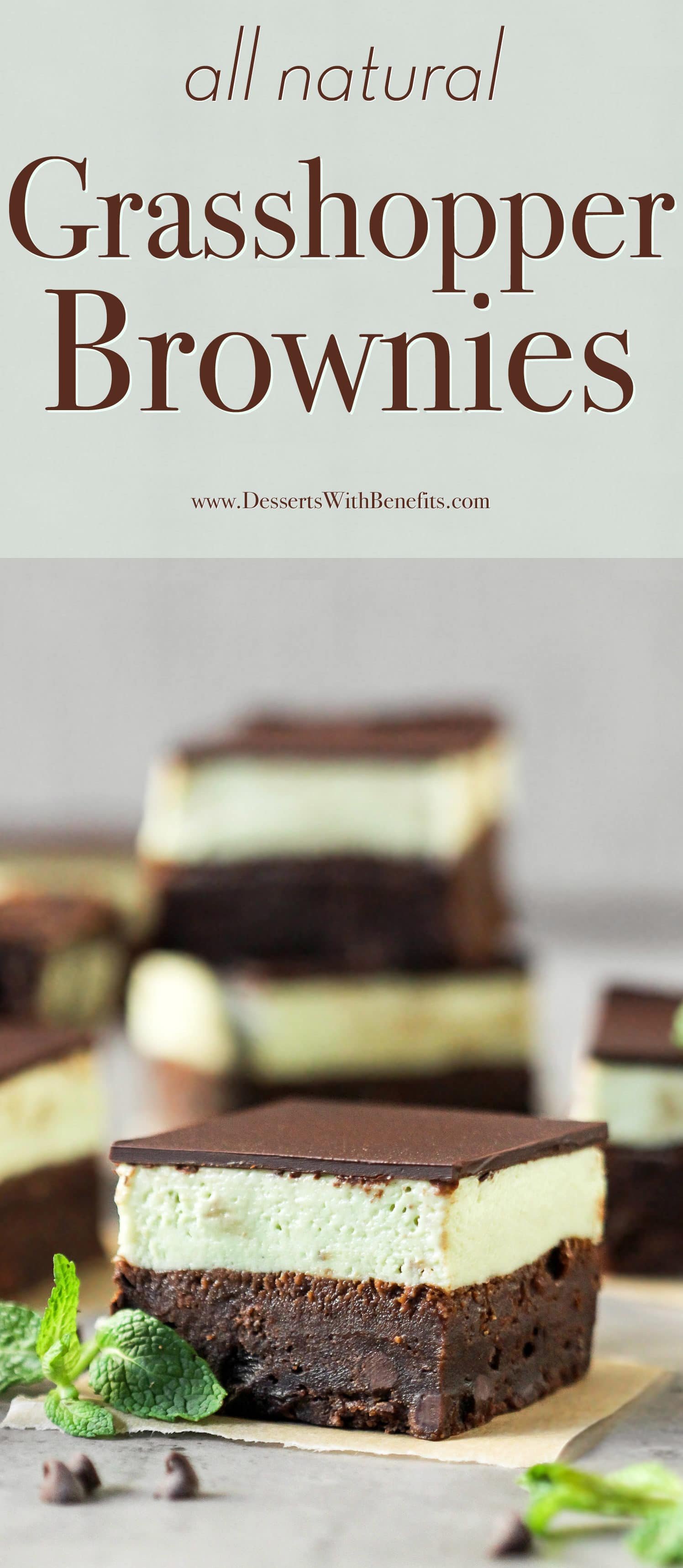 These Grasshopper Brownies are chocolatey, minty, sweet, and SUPREMELY delicious! Made with the fudgiest of the fudgy brownie base, a thick layer of mint frosting, and the perfect amount of dark chocolate to top everything off. This is one incredible, if not mind-blowing, dessert! Healthy Dessert Recipes at the Desserts With Benefits Blog (www.DessertsWithBenefits.com)