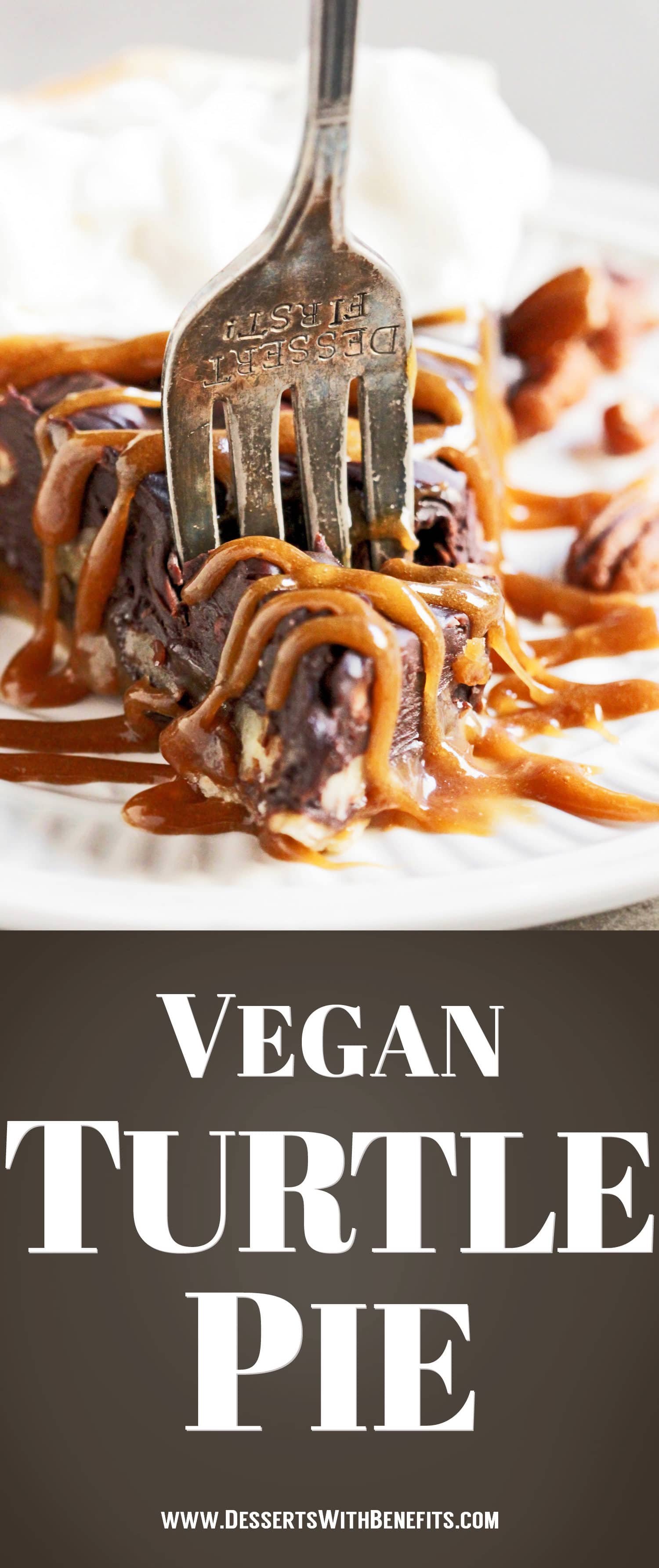 This Vegan Turtle Pie tastes so rich and decadent you’ll wonder HOW on earth it can possibly be vegan, dairy free, and all natural! From the buttery pie crust to the sweet, chewy caramel layer, to the chocolatey pecan ganache layer, you’re in for a real treat. Healthy Dessert Recipes at the Desserts With Benefits Blog (www.DessertsWithBenefits.com)