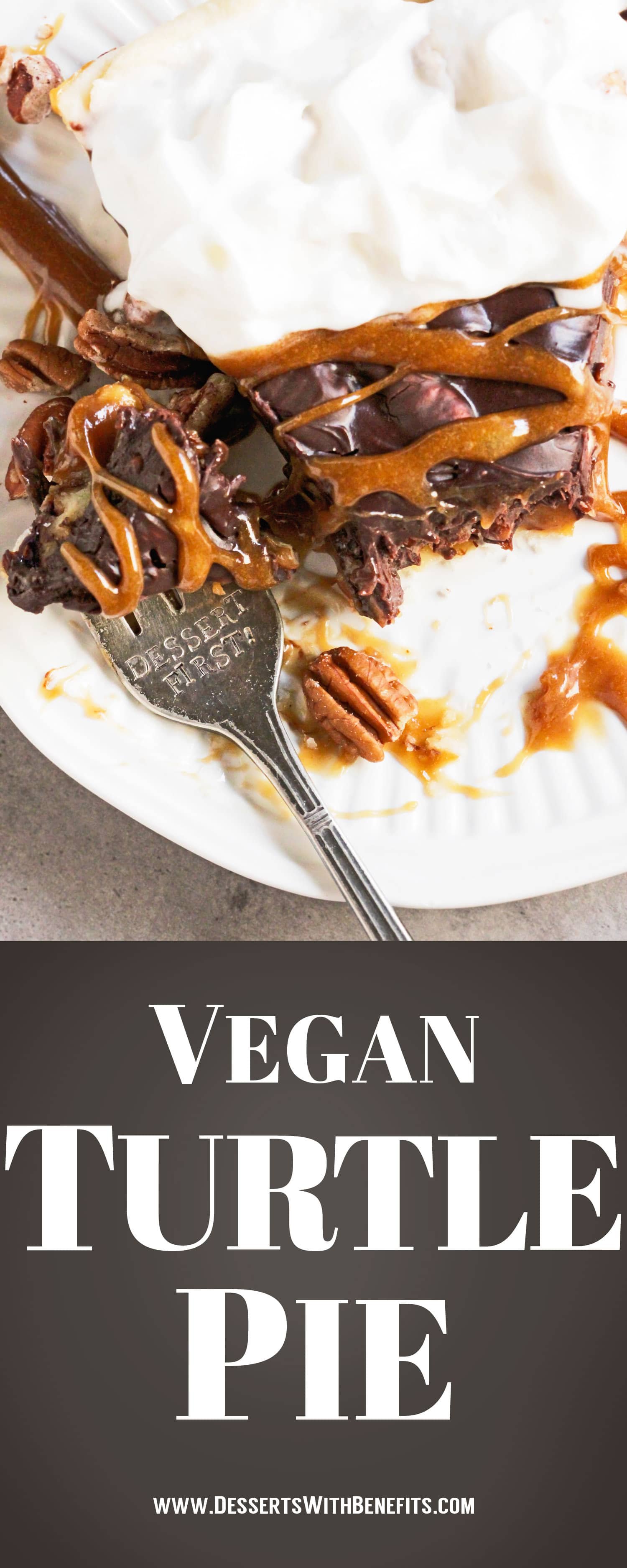 This Vegan Turtle Pie tastes so rich and decadent you’ll wonder HOW on earth it can possibly be vegan, dairy free, and all natural! From the buttery pie crust to the sweet, chewy caramel layer, to the chocolatey pecan ganache layer, you’re in for a real treat. Healthy Dessert Recipes at the Desserts With Benefits Blog (www.DessertsWithBenefits.com)