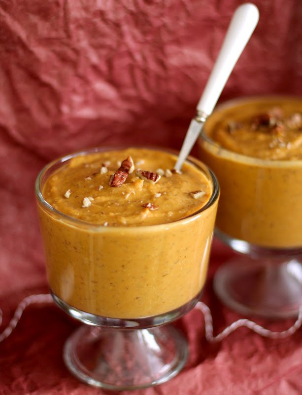 This delicious Healthy Maple Pumpkin Pie Mousse Pudding is made without the heavy cream, sugar, and eggs. Plus, the recipe is high protein and vegan too!