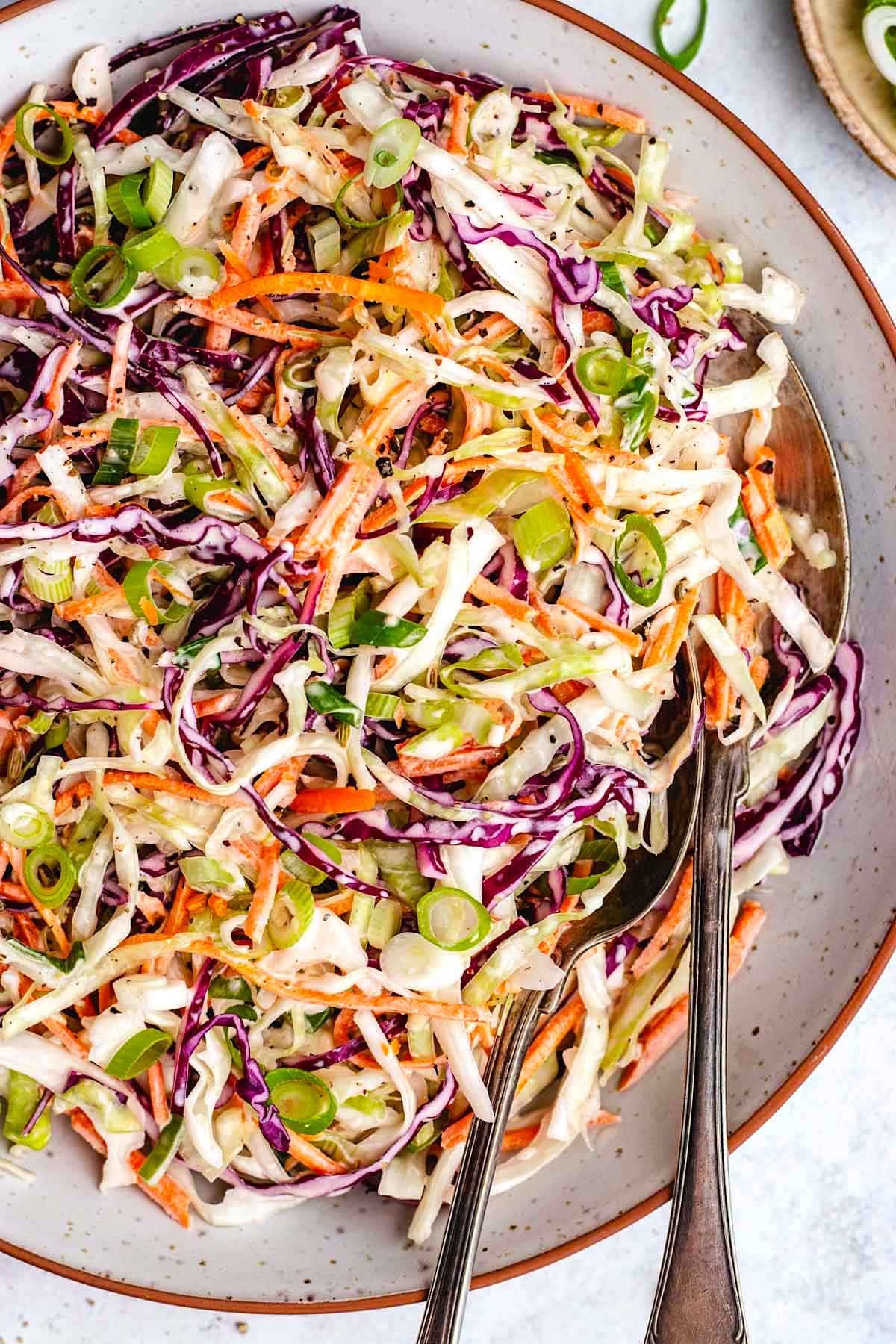 close up of creamy coleslaw in bowl with spoon.
