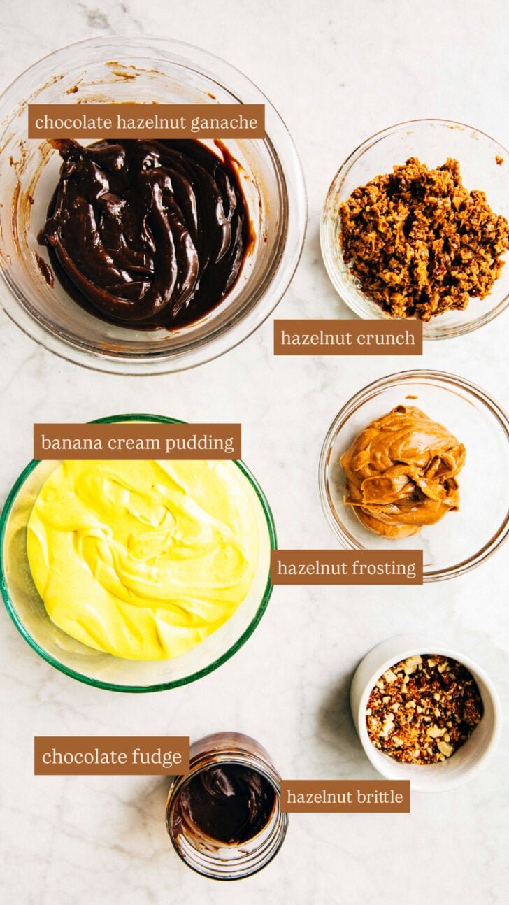 photo showing 6 components needed to make the banana layer cake