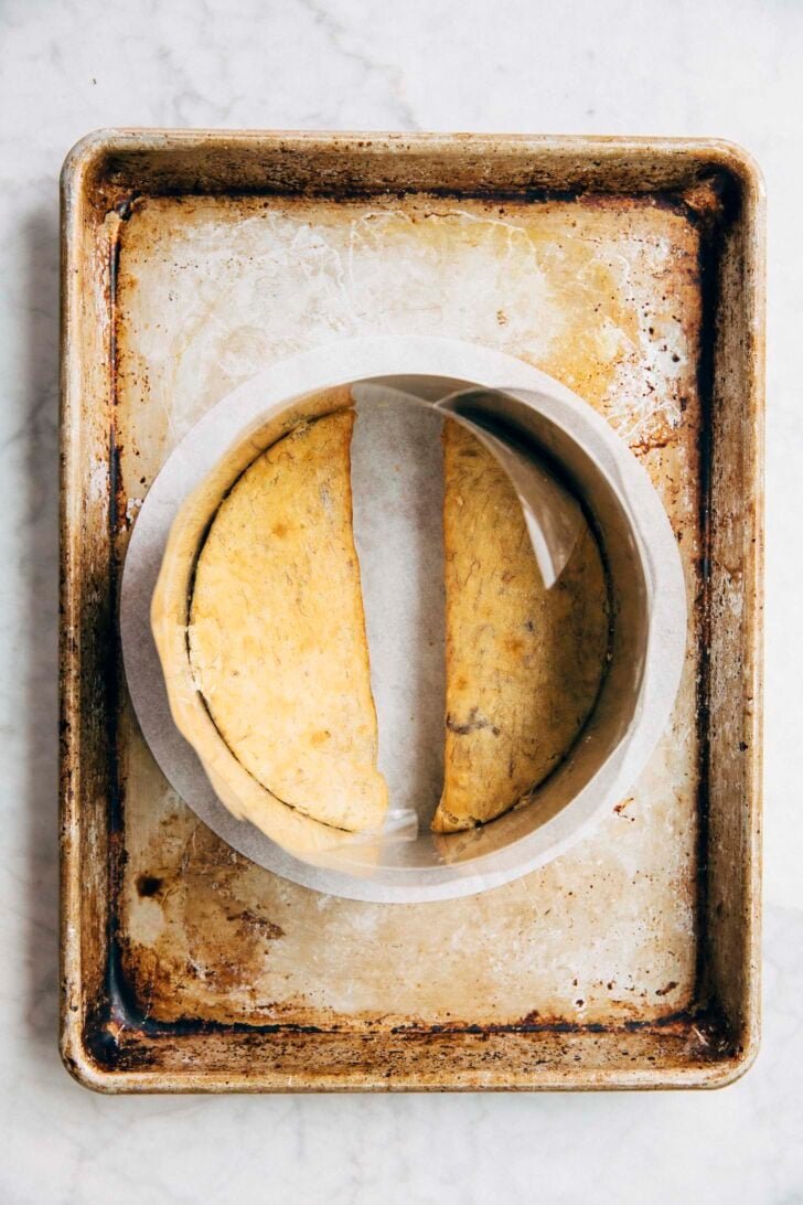 photo showing the first layer of the milk bar banana cake being made