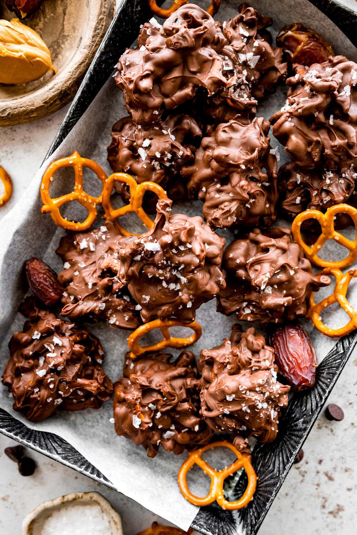 peanut butter pretzel date clusters with flaky sea salt.