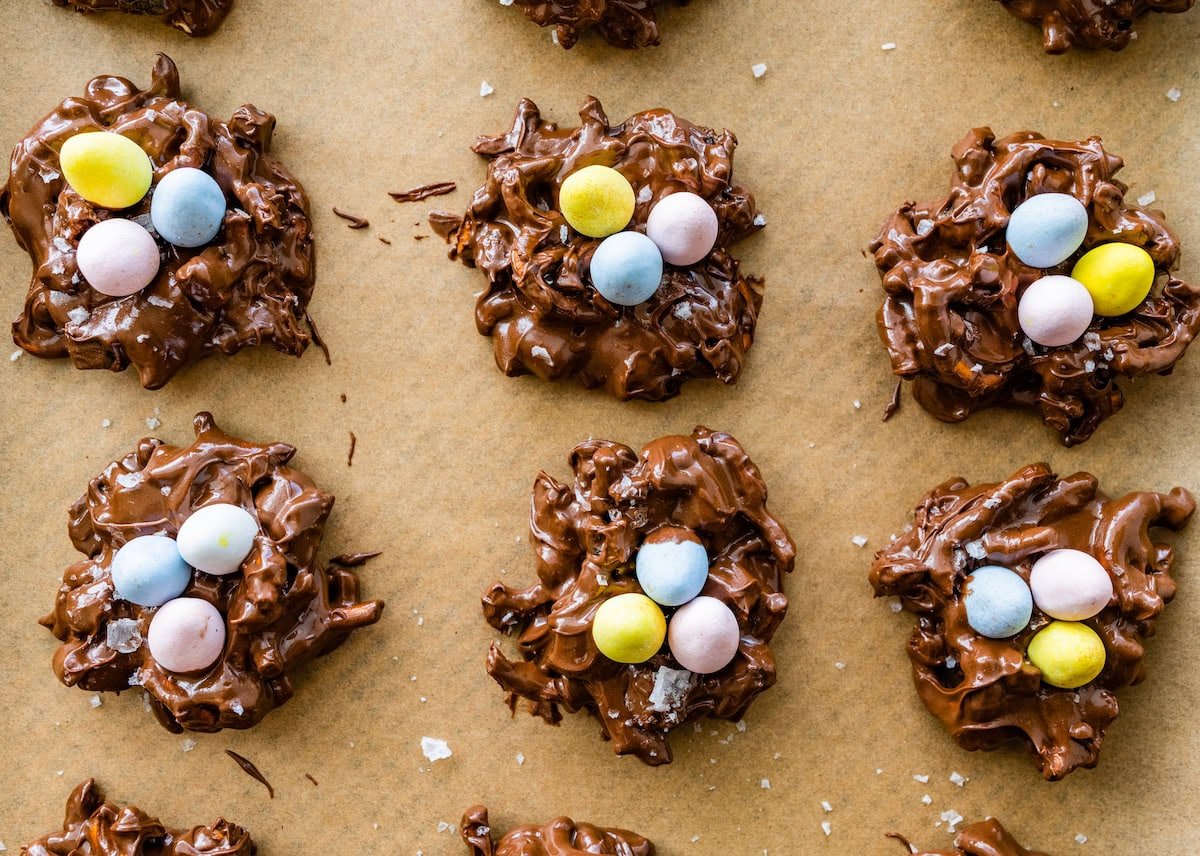 peanut butter pretzel date clusters with cadbury mini eggs on top with flaky sea salt to look like nests.