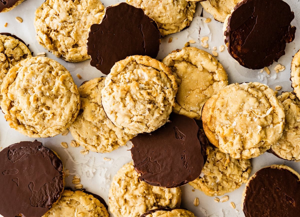 coconut cookie bottoms dipped in chocolate.