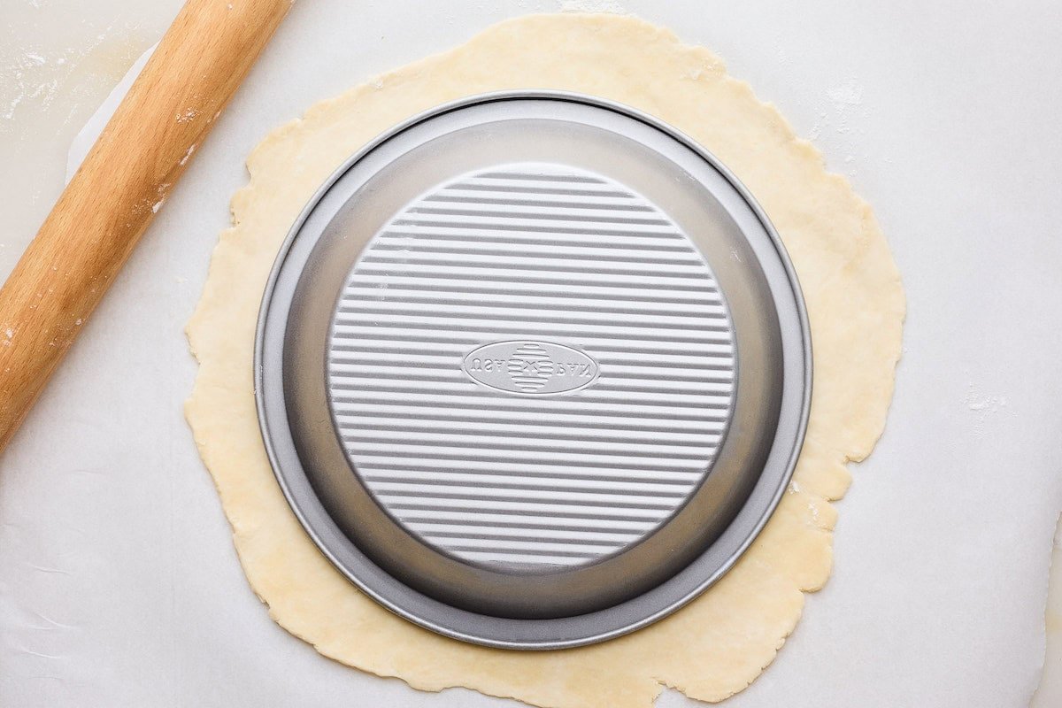 pie dough rolled out with pie pan on top.