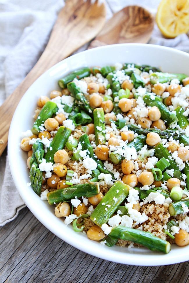 This Asparagus Chickpea Quinoa Salad with feta cheese and a simple lemon vinaigrette is perfect for spring. Asparagus Chickpea Quinoa Salad Recipe