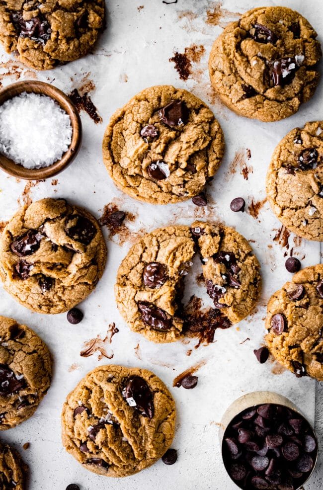 brown butter Biscoff chocolate chip cookies with flaky sea salt.