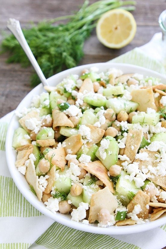Cucumber, Chickpea, and Pita Salad Recipe on twopeasandtheirpod.com This fresh and simple salad is great served as a side dish or main dish. It is a favorite at our house! Cucumber, Chickpea, and Pita Salad Recipe