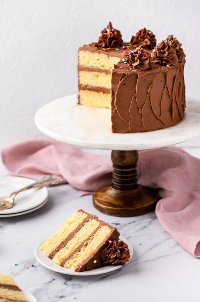 yellow cake with chocolate frosting