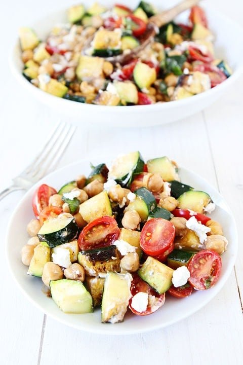 Grilled Zucchini, Chickpea, Tomato, and Goat Cheese Salad Recipe Grilled Zucchini, Chickpea, Tomato, and Goat Cheese Salad Recipe on twopeasandtheirpod.com Love this quick and easy summer salad!