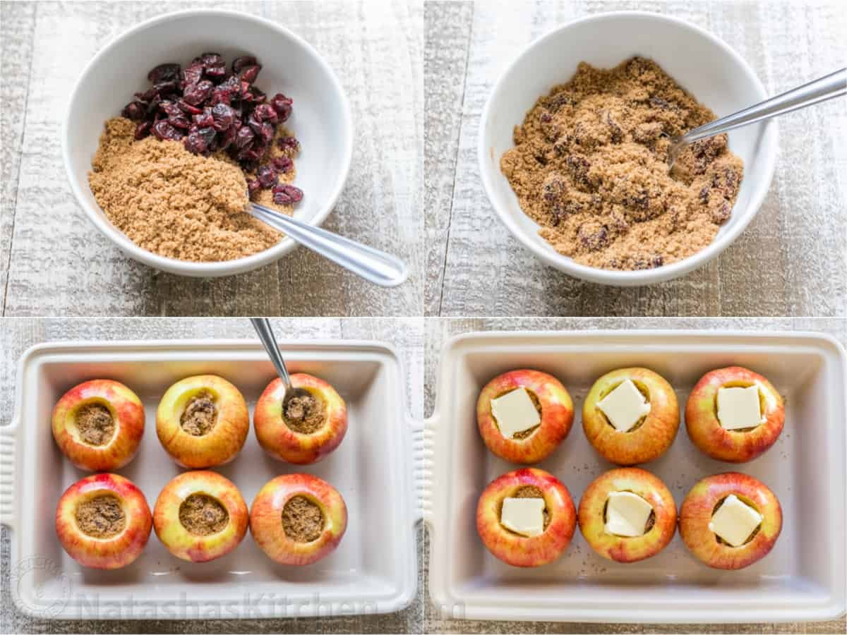 These cozy Baked Apples are infused with fall flavor inside and out. Stuffed with cinnamon sugar, they taste just like apple pie filling! Photo collage showing how to make stuffed baked apples.