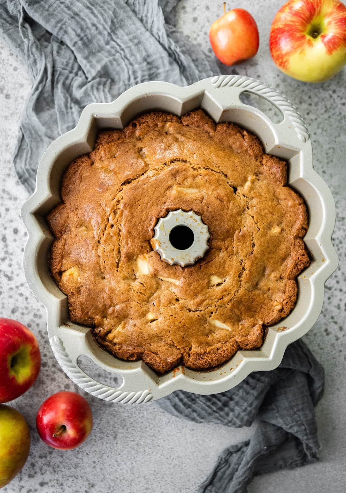 apple bundt cake in pan.
