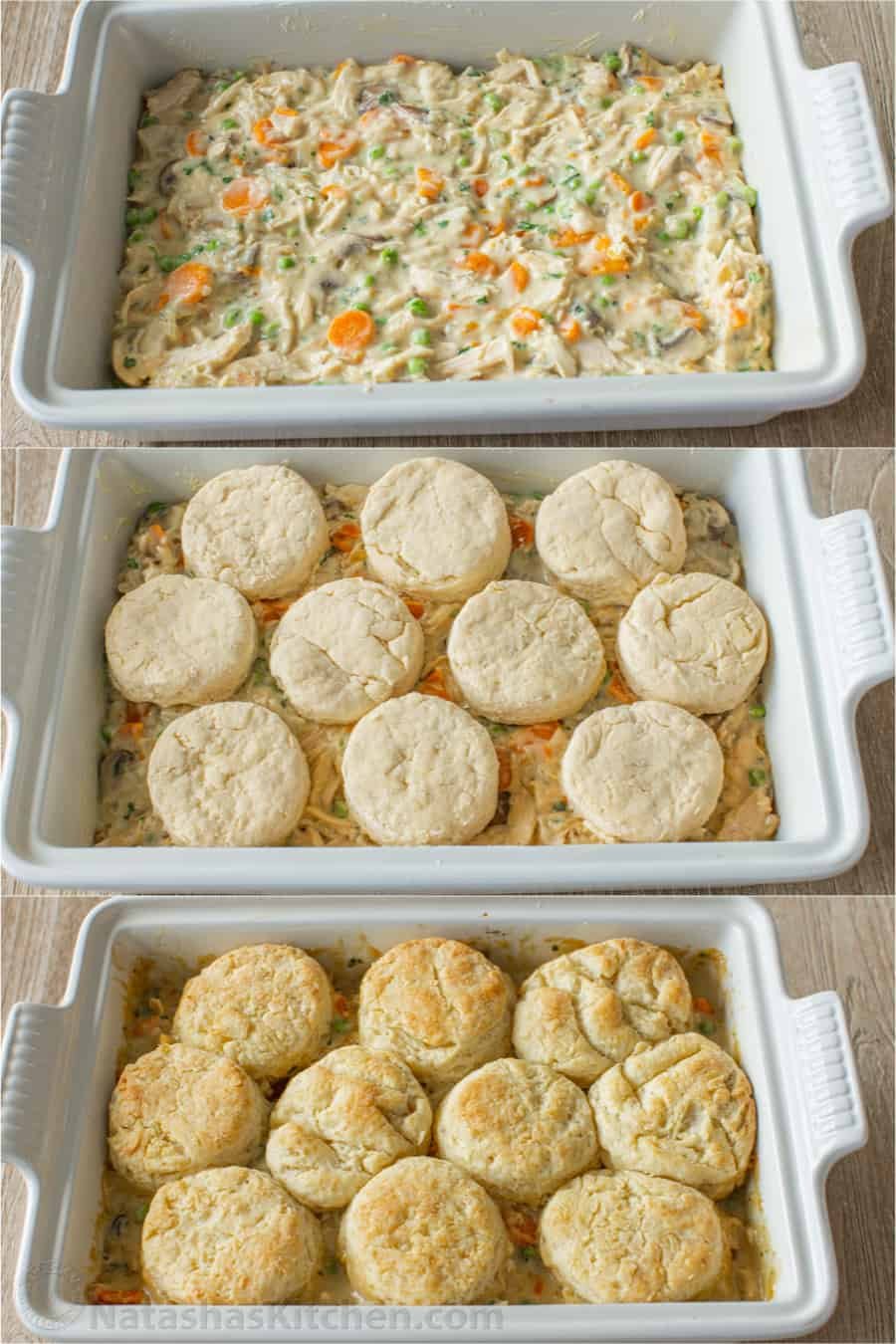 Chicken Pot Pie Casserole has all the cozy flavor of a creamy chicken pot pie, topped with flaky biscuits instead of baked inside a pie crust. Photo collage showing how to top the chicken pot pie casserole with biscuits.