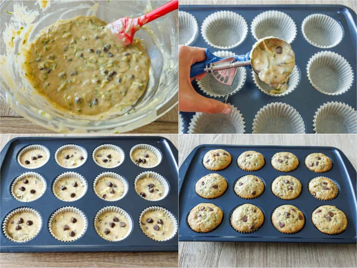 Ingredients to make zucchini muffins flour, zucchini, eggs, sugar, oil, vanilla, chocolate chips